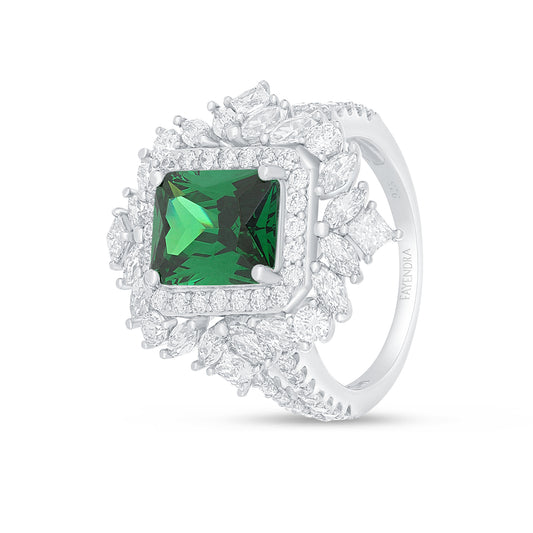Sterling Silver 925 Ring Rhodium Plated Embedded With Emerald Zircon And White Zircon
