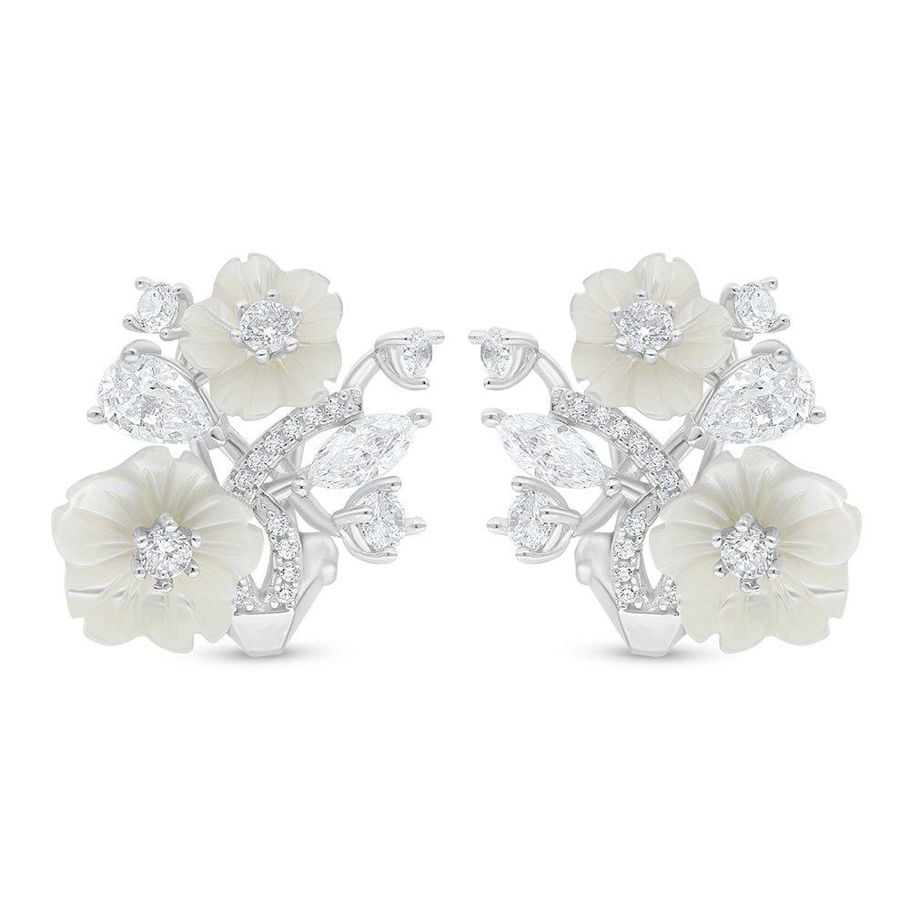 Sterling Silver 925 Earring Rhodium Plated Embedded With White Shell And White Zircon