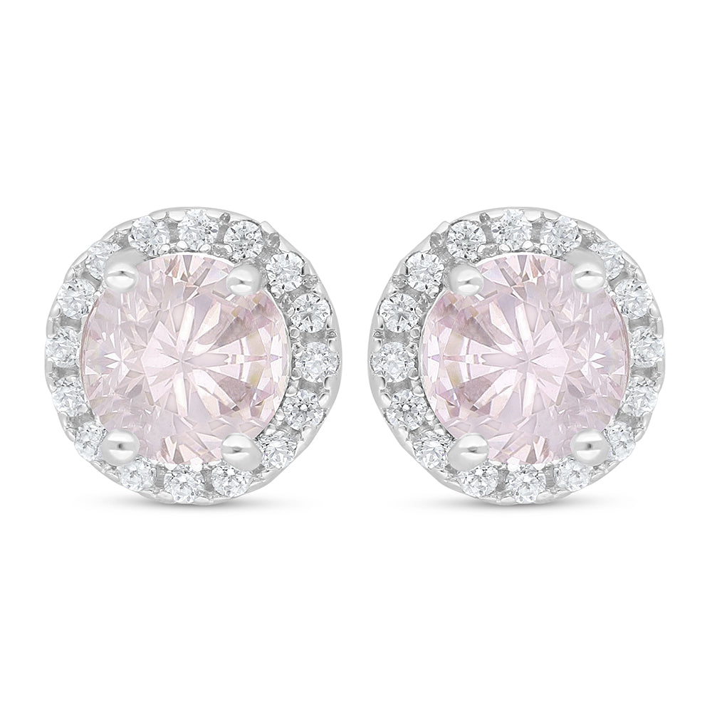 Sterling Silver 925 Earring Rhodium Plated Embedded With Pink Zircon And White Zircon