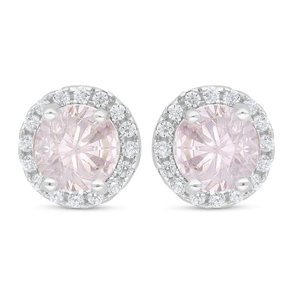Sterling Silver 925 Earring Rhodium Plated Embedded With Pink Zircon And White Zircon