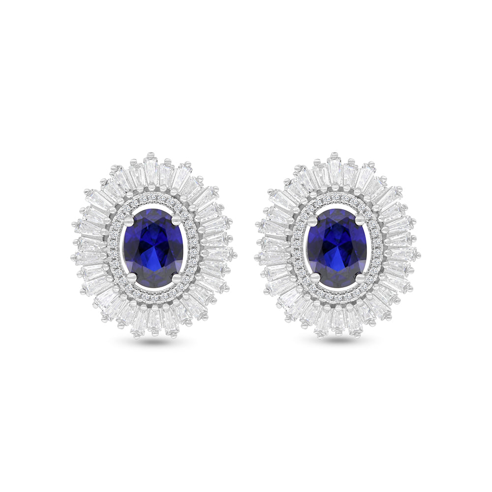 Sterling Silver 925 Earring Rhodium Plated Embedded With Sapphire Corundum And White Zircon