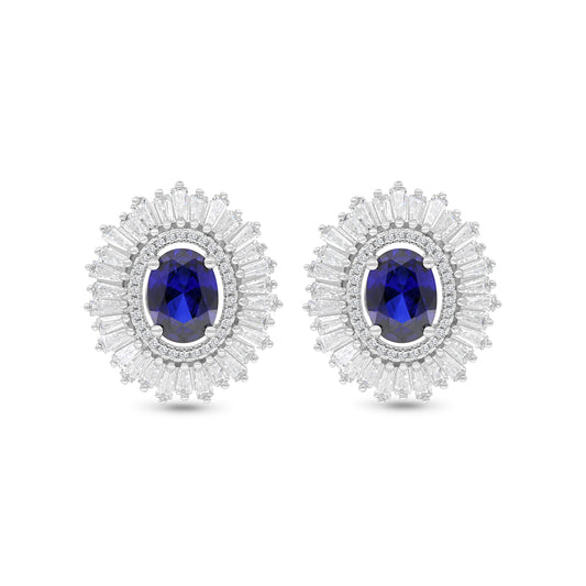 Sterling Silver 925 Earring Rhodium Plated Embedded With Sapphire Corundum And White Zircon