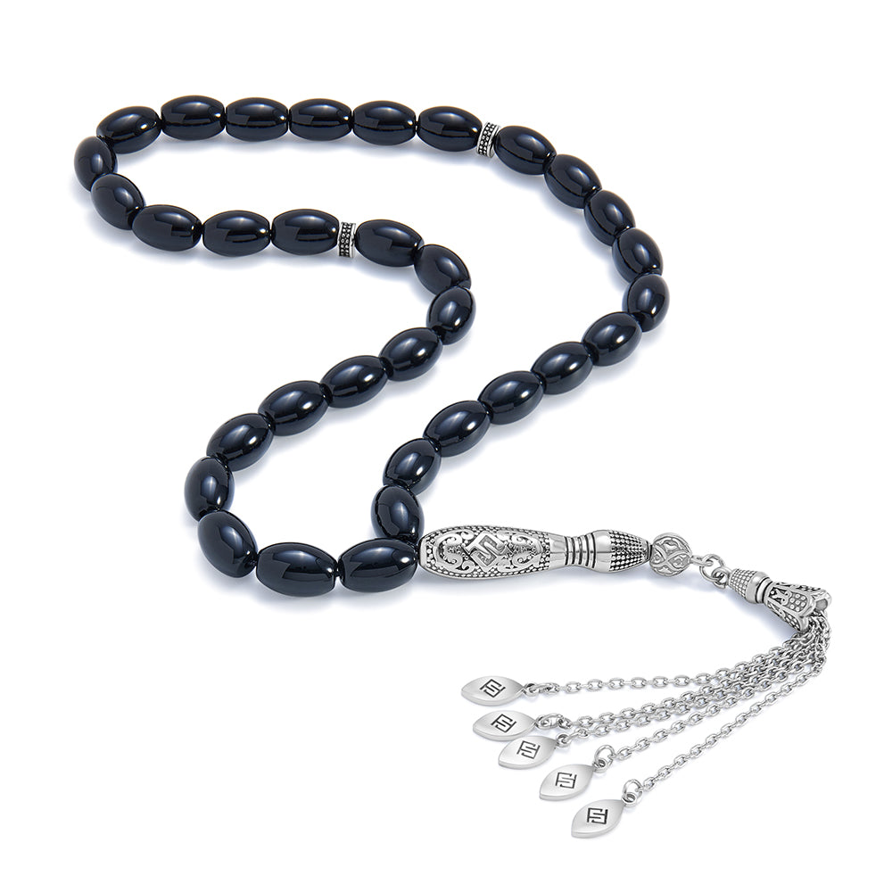 Rosary 33 Black Agate, Olive Cabochon, 8*12 mm With Stainless Steel 316L Set Silver And Black Plated