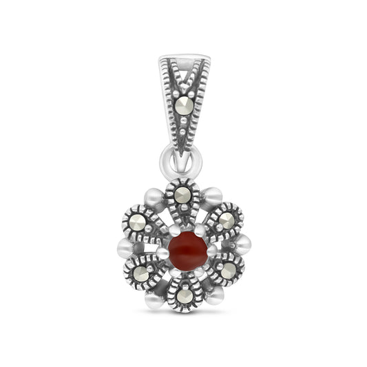 Sterling Silver 925 Pendant Embedded With Natural Aqiq And Marcasite Stones