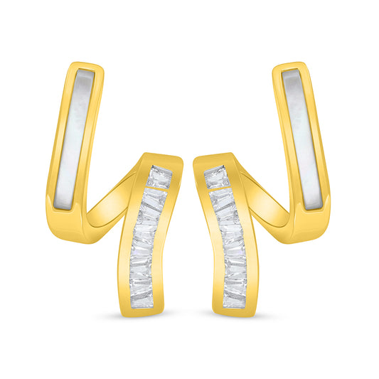 Sterling Silver 925 Earring Golden Plated Embedded With White Shell And White Zircon