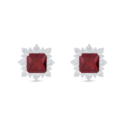Sterling Silver 925 Earring Rhodium Plated Embedded With Ruby Corundum And White Zircon