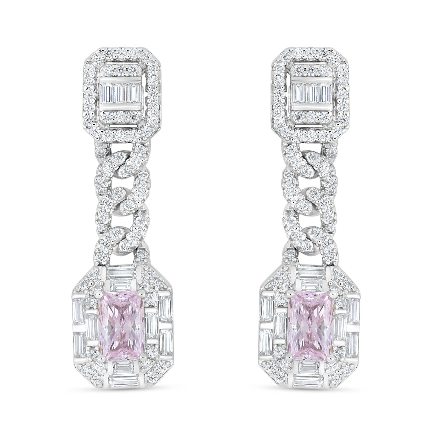 Sterling Silver 925 Earring Rhodium Plated Embedded With Pink Zircon And White Zircon