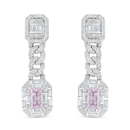 Sterling Silver 925 Earring Rhodium Plated Embedded With Pink Zircon And White Zircon