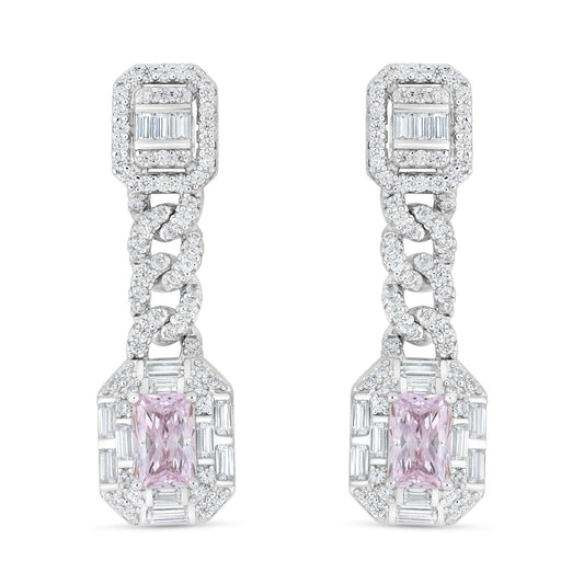 Sterling Silver 925 Earring Rhodium Plated Embedded With Pink Zircon And White Zircon