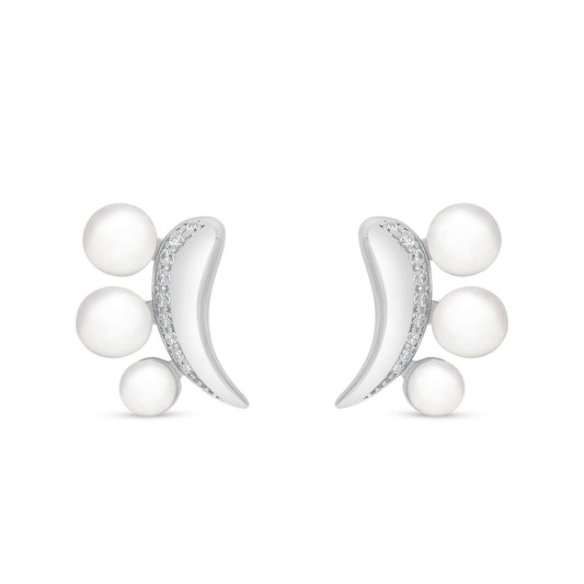 Sterling Silver 925 Earring Rhodium Plated Embedded With Natural White Pearl And White Zircon
