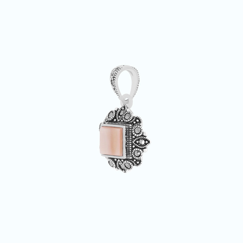Sterling Silver 925 Pendant Embedded With Natural Pink Shell And Marcasite Stones