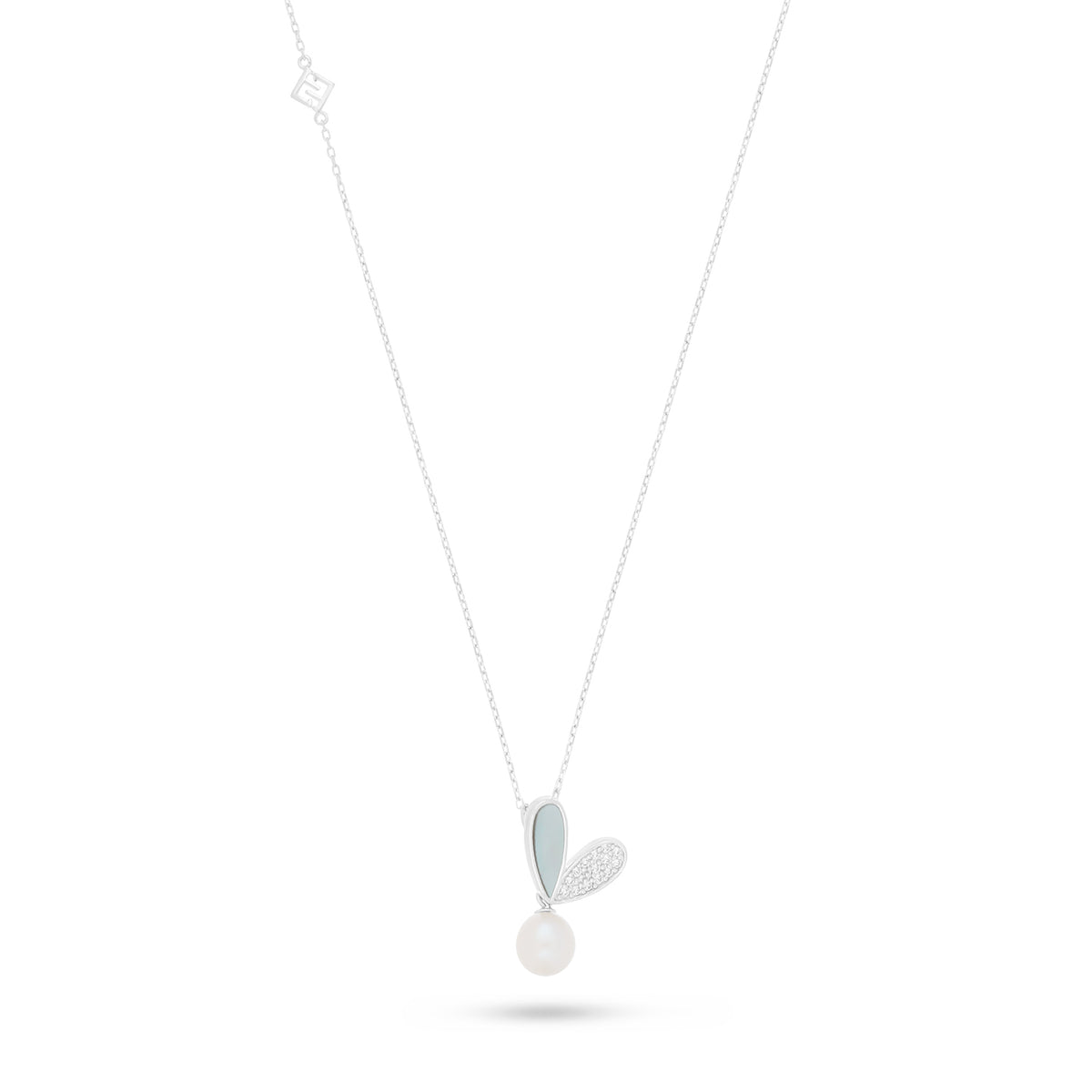 Sterling Silver 925 Necklace Rhodium Plated Embedded With Natural White Pearl, White Shell And White Zircon