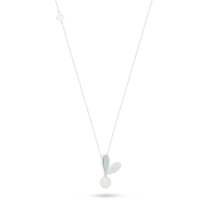 Sterling Silver 925 Necklace Rhodium Plated Embedded With Natural White Pearl, White Shell And White Zircon