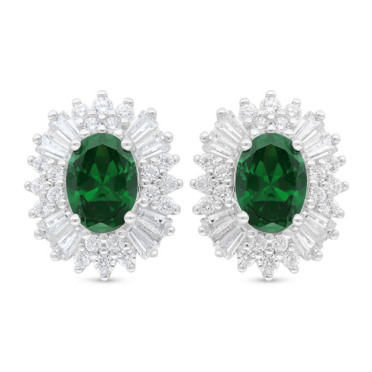 Sterling Silver 925 Earring Rhodium Plated Embedded With Emerald Zircon And White Zircon