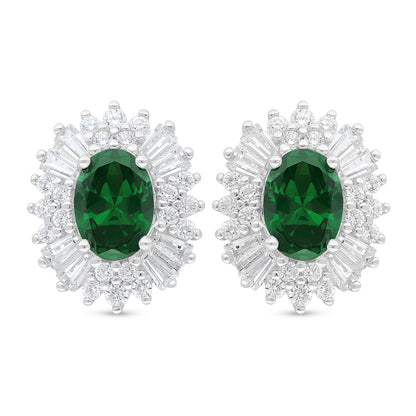 Sterling Silver 925 Earring Rhodium Plated Embedded With Emerald Zircon And White Zircon