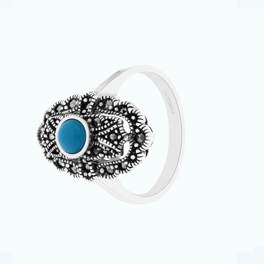 Sterling Silver 925 Ring Embedded With Natural Processed Turquoise And Marcasite Stones