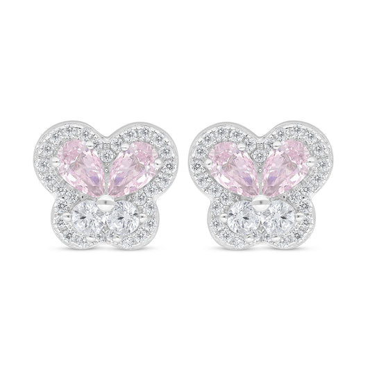 Sterling Silver 925 Earring Rhodium Plated Embedded With Pink Zircon And White Zircon