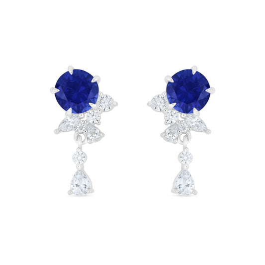 Sterling Silver 925 Earring Rhodium Plated Embedded With Sapphire Corundum And White Zircon