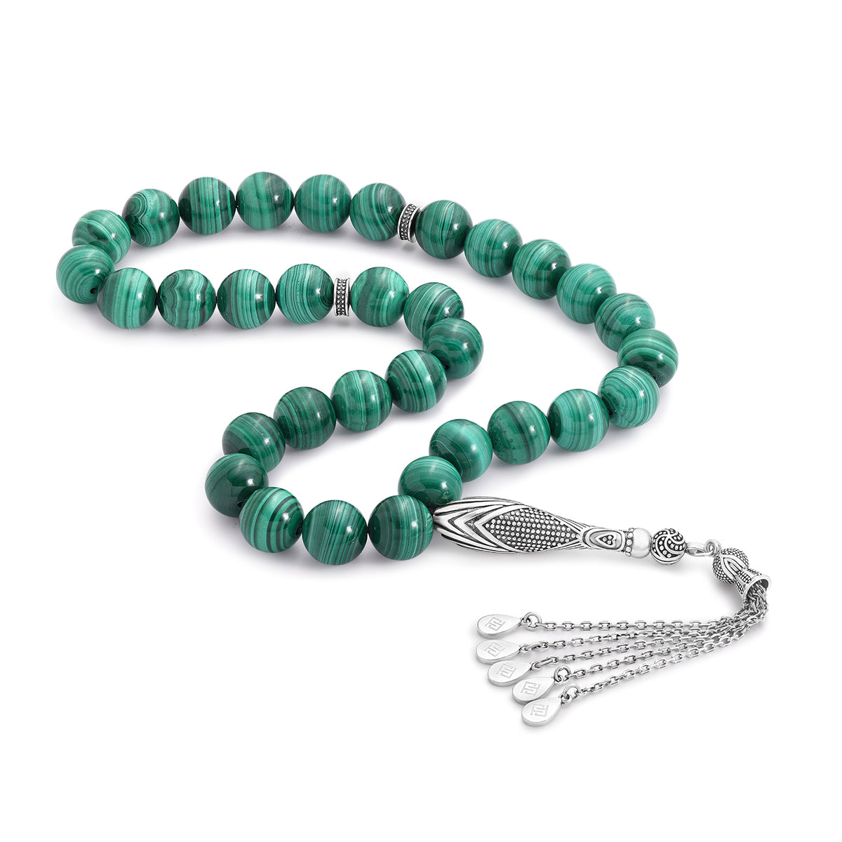 Rosary 33 Malachite Round Bead 12 mm With Oxidized Sterling Silver 925 Set LOGO
