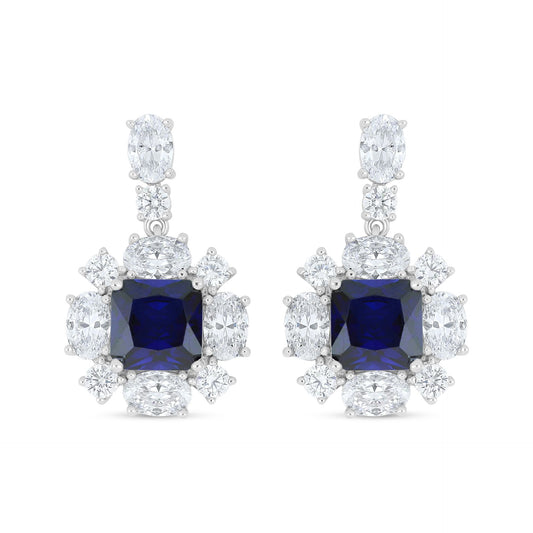 Sterling Silver 925 Earring Rhodium Plated Embedded With Sapphire Corundum And White Zircon