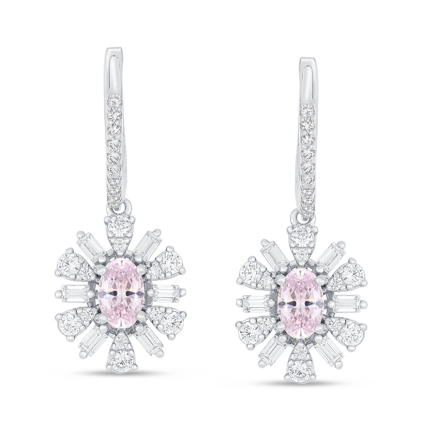 Sterling Silver 925 Earring Rhodium Plated Embedded With Pink Zircon And White Zircon