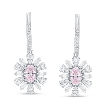 Sterling Silver 925 Earring Rhodium Plated Embedded With Pink Zircon And White Zircon