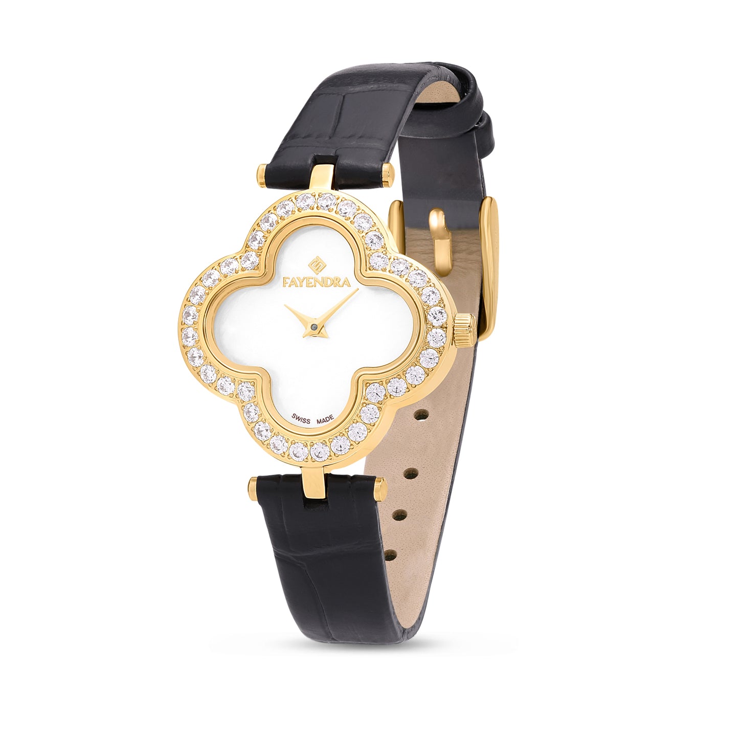 Stainless Steel 316L Watch Golden Color Black Leather Embedded With White Zircon - WHITE MOP DIAL