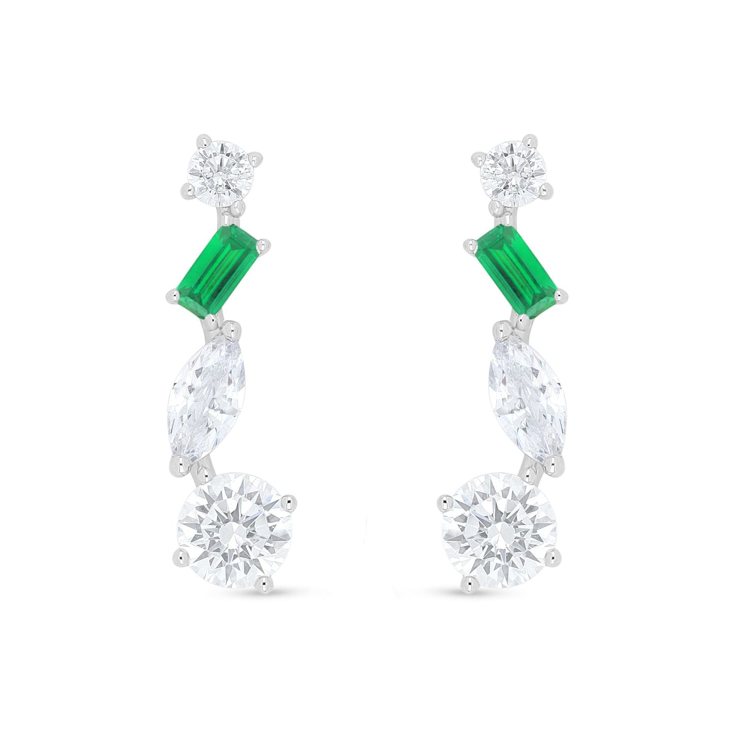 Sterling Silver 925 Earring Rhodium Plated Embedded With Emerald Zircon And White Zircon