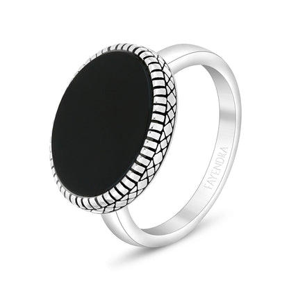 Sterling Silver 925 Ring Rhodium And Black Plated Embedded With Black Agate For Men