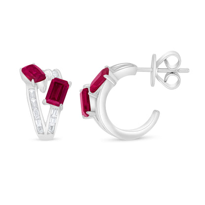 Sterling Silver 925 Earring Rhodium Plated Embedded With Ruby Corundum And White Zircon