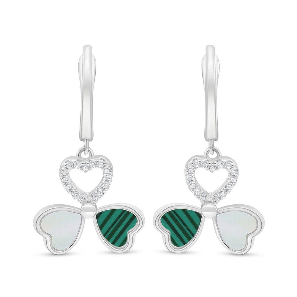 Sterling Silver 925 Earring Rhodium Plated Embedded With  White Shell And Malachite And White Zircon