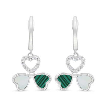 Sterling Silver 925 Earring Rhodium Plated Embedded With  White Shell And Malachite And White Zircon