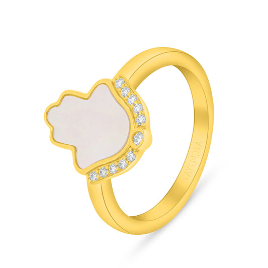 Sterling Silver 925 Ring Golden Plated Embedded With White Shell And White Zircon