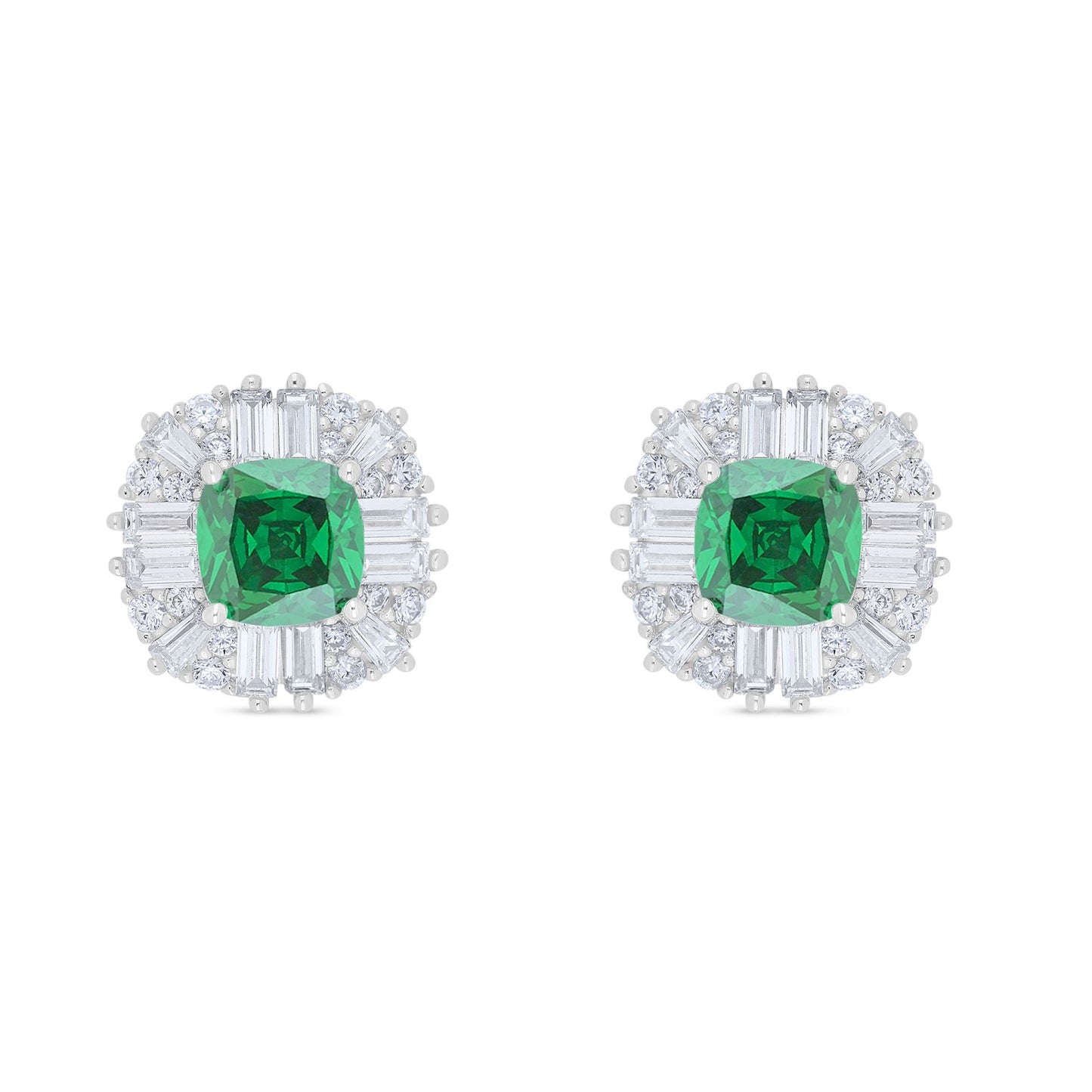 Sterling Silver 925 Earring Rhodium Plated Embedded With Emerald Zircon And White Zircon