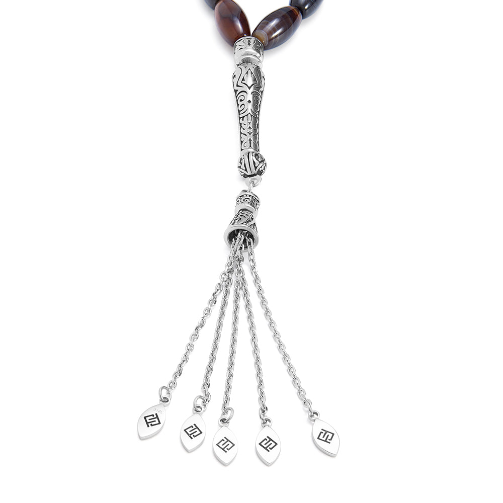 Rosary 33 Agate Gray And brown Olive Beads 16*8 mm With Stainless Steel 316L Set Silver And Black Plated