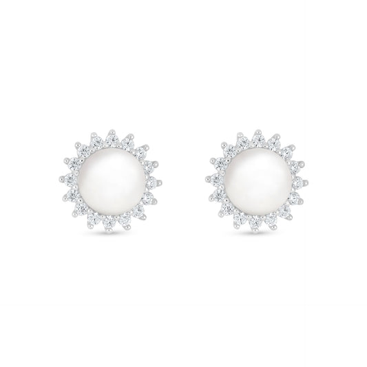 Sterling Silver 925 Earring Rhodium Plated Embedded With Natural White Pearl And White Zircon