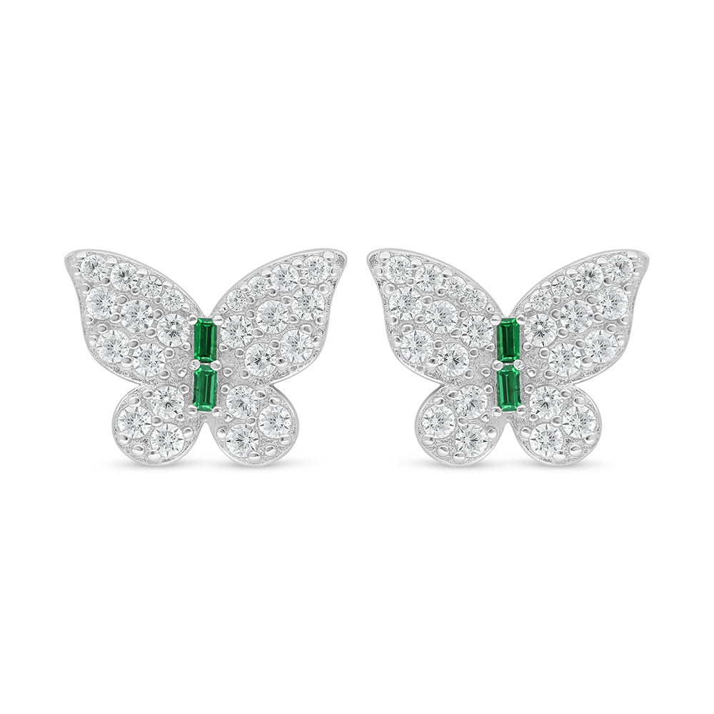 Sterling Silver 925 Earring Rhodium Plated Embedded With Emerald Zircon And White Zircon
