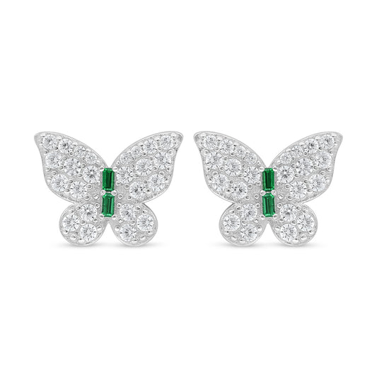 Sterling Silver 925 Earring Rhodium Plated Embedded With Emerald Zircon And White Zircon