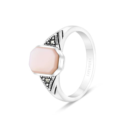 Sterling Silver 925 Ring Embedded With Natural Pink Shell And Marcasite Stones