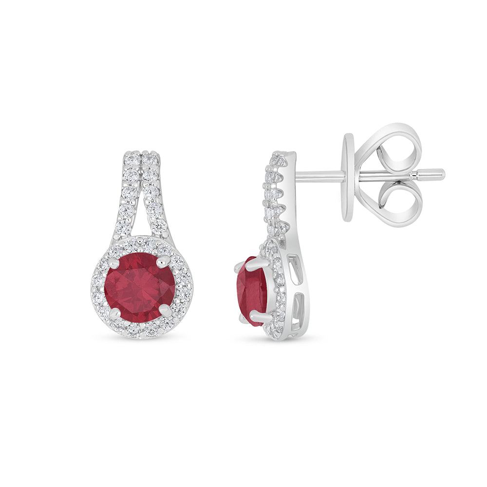 Sterling Silver 925 Earring Rhodium Plated Embedded With Ruby Corundum And White Zircon