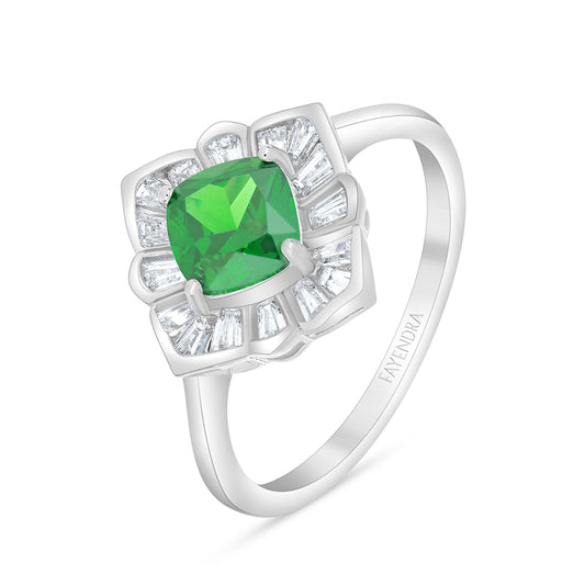 Sterling Silver 925 Ring Rhodium Plated Embedded With Emerald Zircon And White Zircon