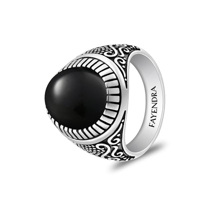 Sterling Silver 925 Ring Rhodium And Black Plated Embedded With Cabochon Natural Black Agate For Men