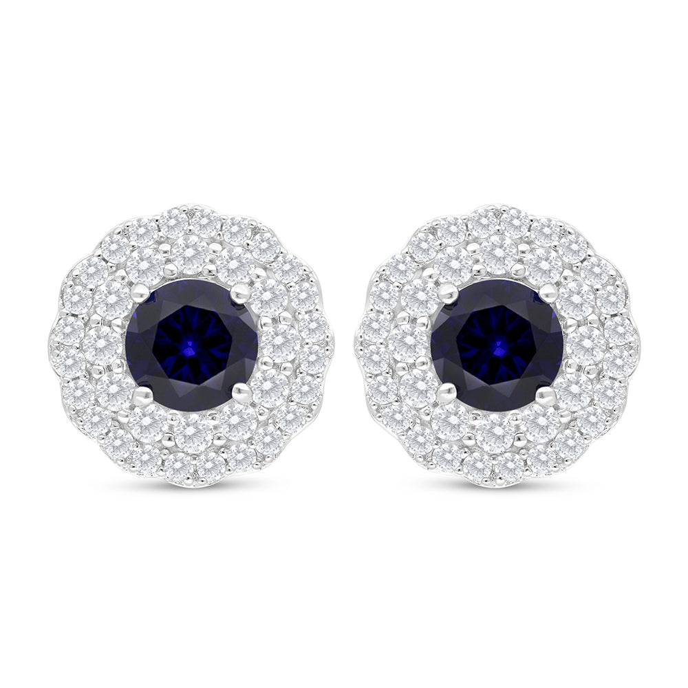 Sterling Silver 925 Earring Rhodium Plated Embedded With Sapphire Corundum And White Zircon