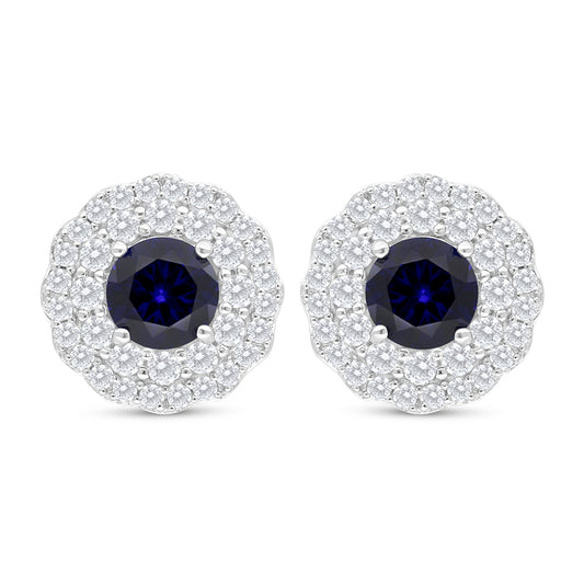 Sterling Silver 925 Earring Rhodium Plated Embedded With Sapphire Corundum And White Zircon