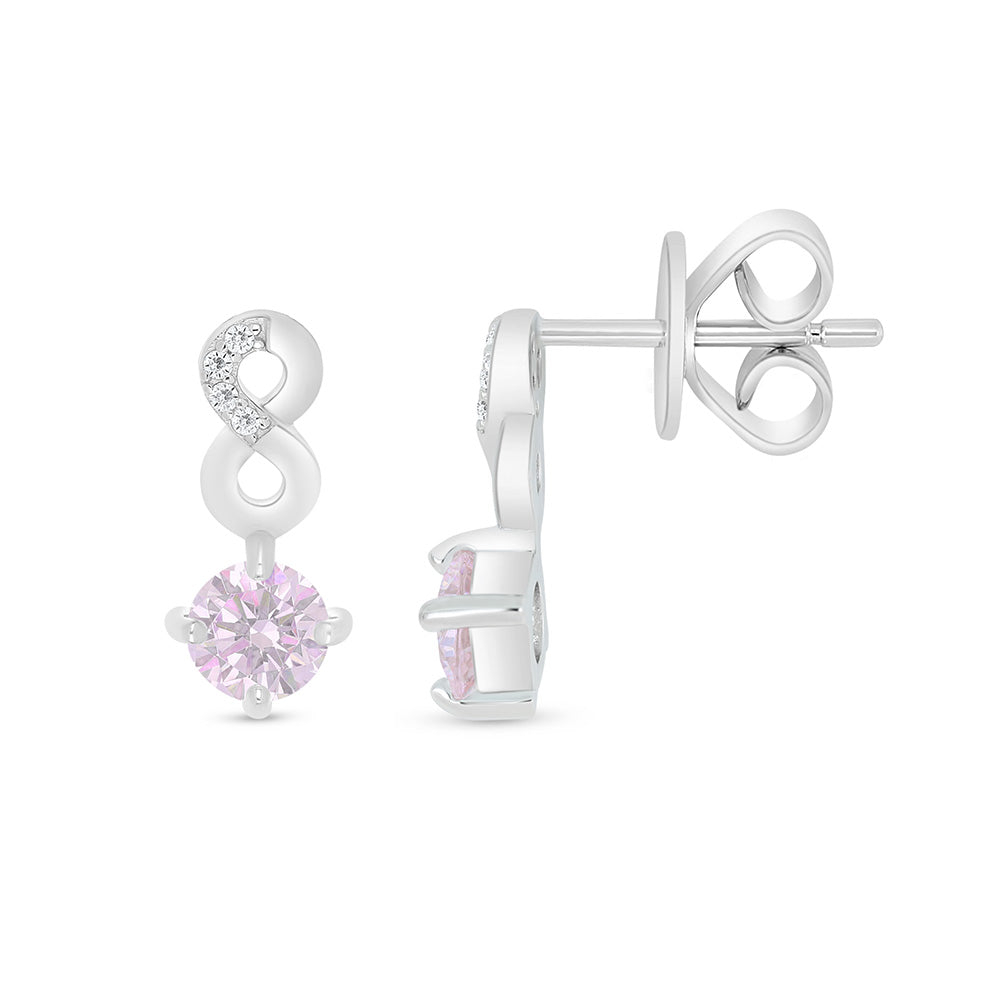 Sterling Silver 925 Earring Rhodium Plated Embedded With pink Zircon And White Zircon