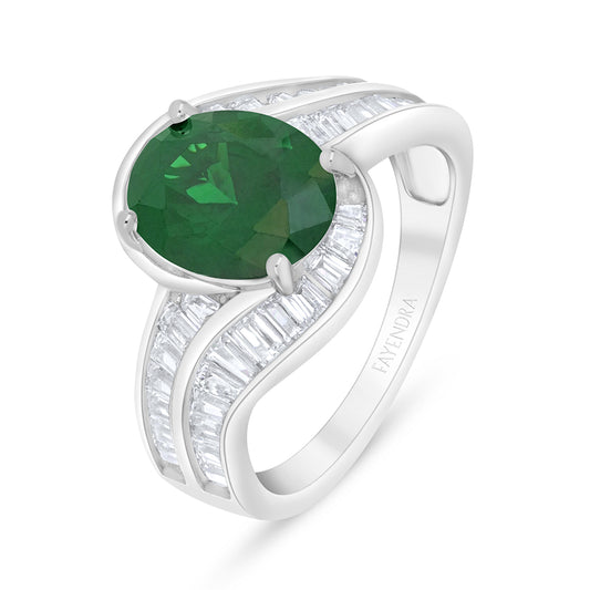 Sterling Silver 925 Ring Rhodium Plated Embedded With Emerald Zircon And White Zircon