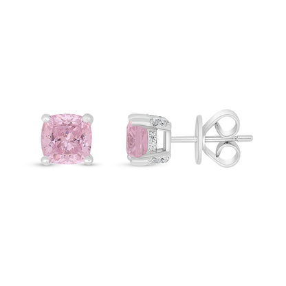 Sterling Silver 925 Earring Rhodium Plated Embedded With Pink Zircon And White Zircon