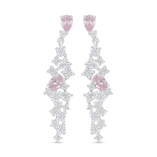 Sterling Silver 925 Earring Rhodium Plated Embedded With Pink Zircon And White Zircon
