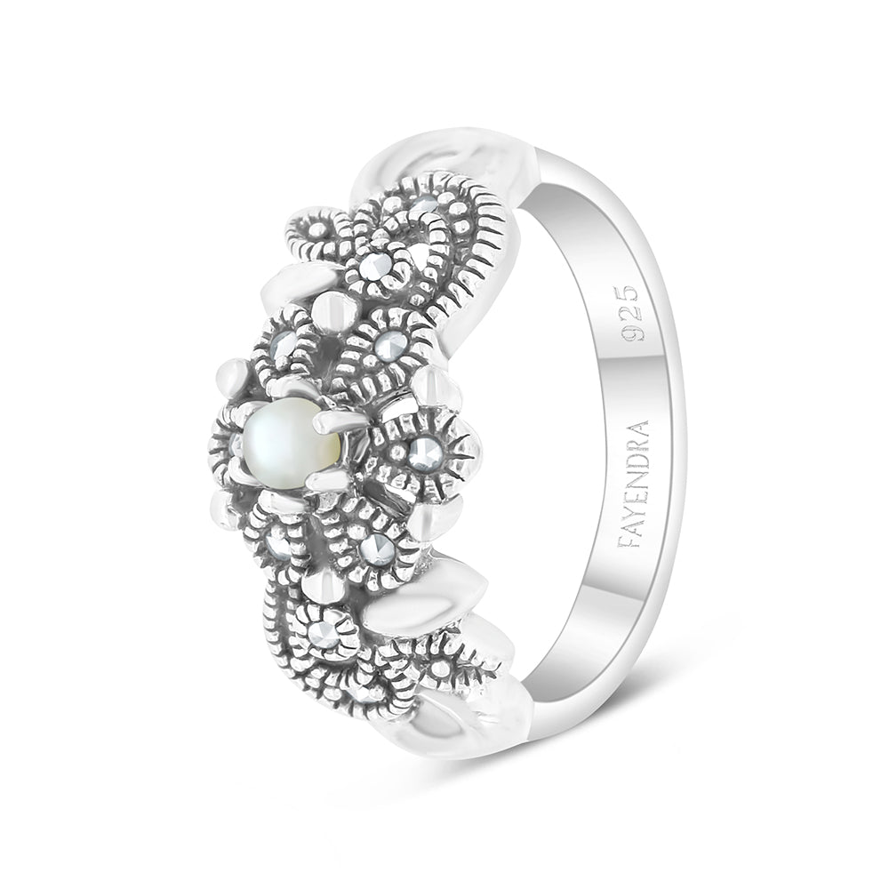 Sterling Silver 925 Set Embedded With Natural White Shell And Marcasite Stones