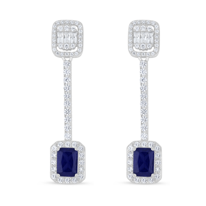 Sterling Silver 925 Earring Rhodium Plated Embedded With Sapphire Corundum And White Zircon